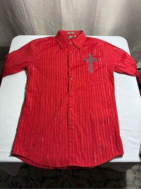 Lamasini Embroidered Cross Button Down Red Plaid Cowboy Medium 3/4 Sleeve